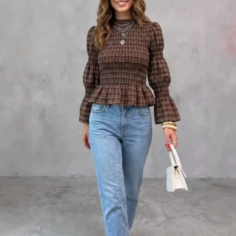 ZARA Yarn Dyed Plaid Top Fashion Commute Round Neck Long Sleeve Slim Shirt